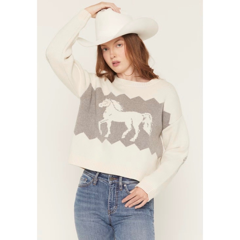 Originality Horse Intarsia Knit Sweater Women XL Cream Gray Excellent Western